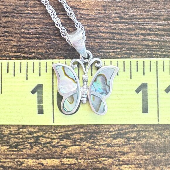 VTG Sterling Silver 925 Abalone Butterfly Pendant Necklace Size 18" Adjustable - Picture 13 of 14